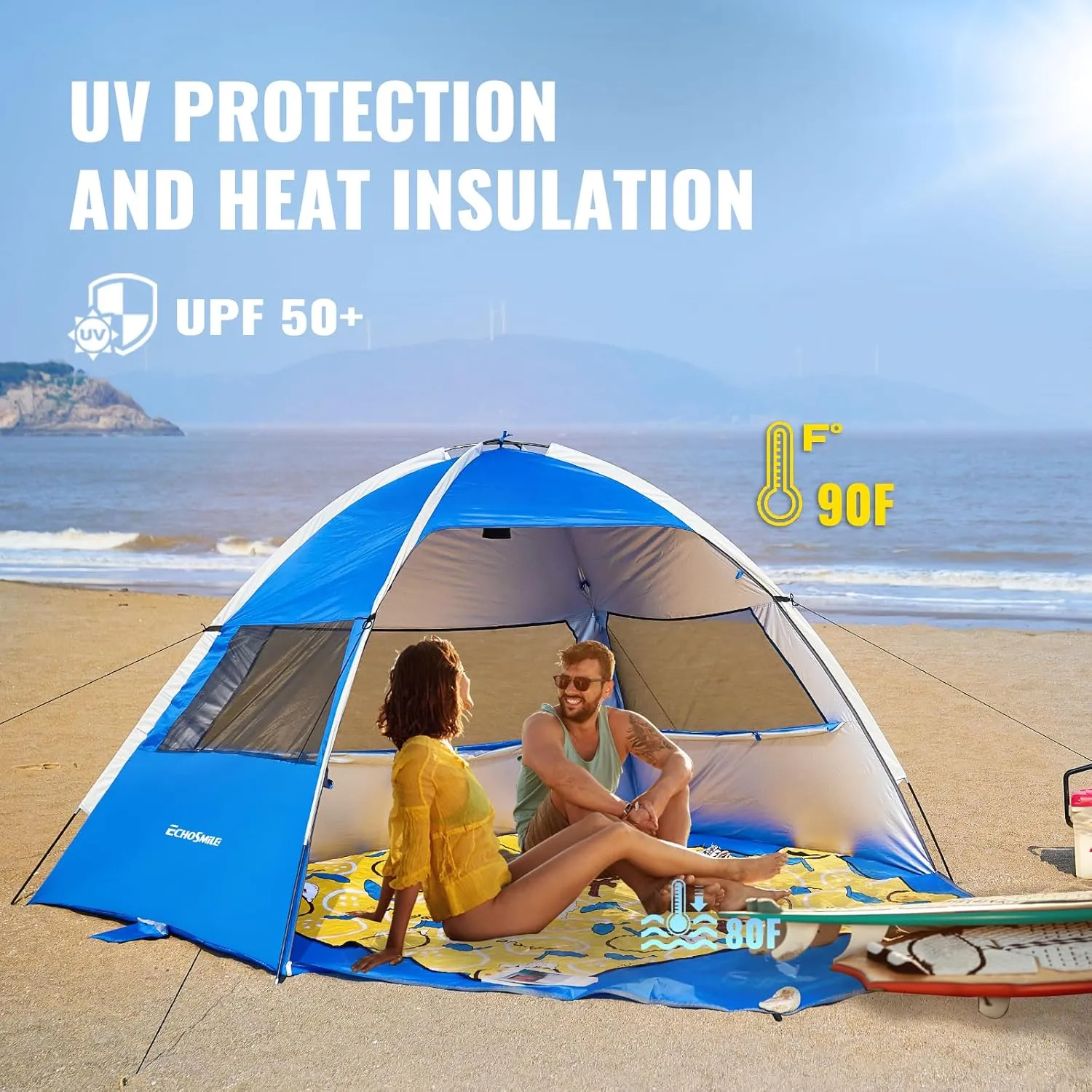 EchoSmile UPF 50  Beach Tent Sun Shelter for 3/4 Person, Portable Beach Cabana Tent