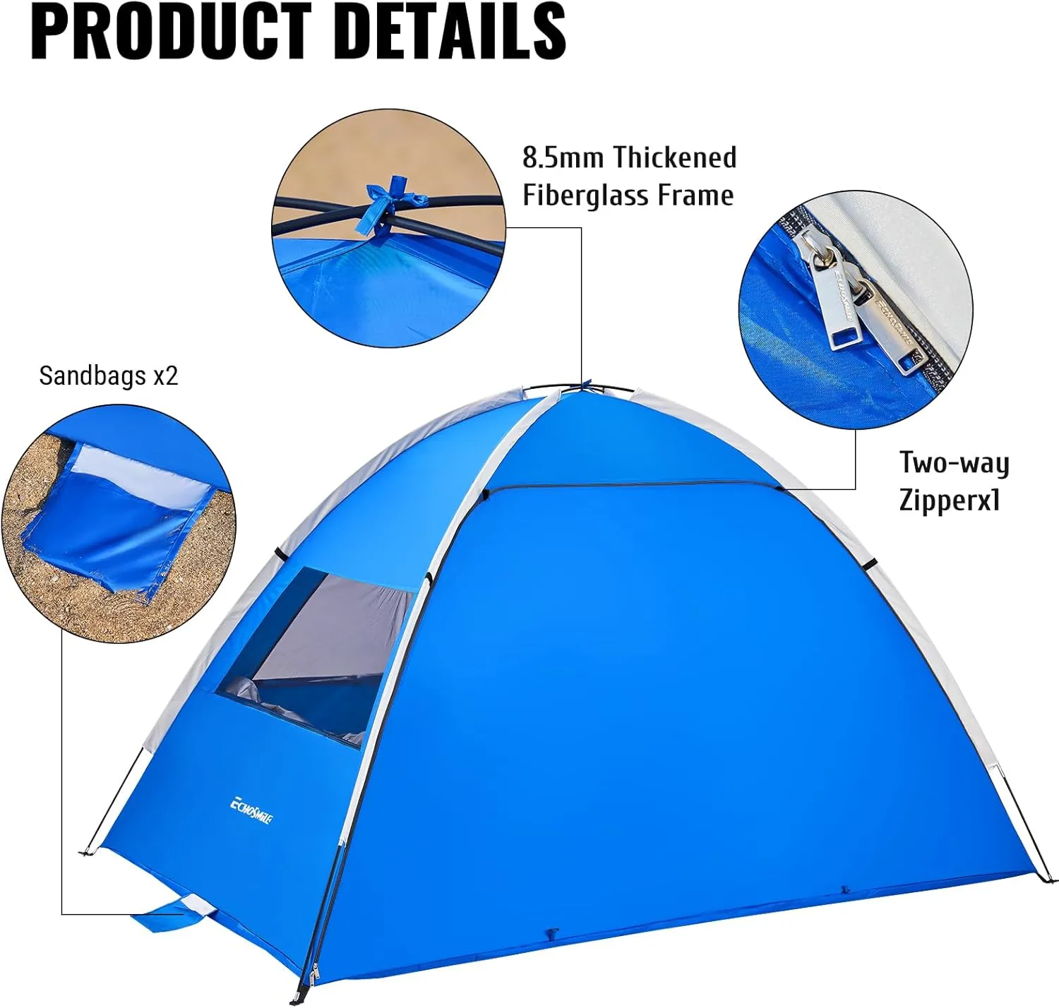 EchoSmile UPF 50  Beach Tent Sun Shelter for 3/4 Person, Portable Beach Cabana Tent