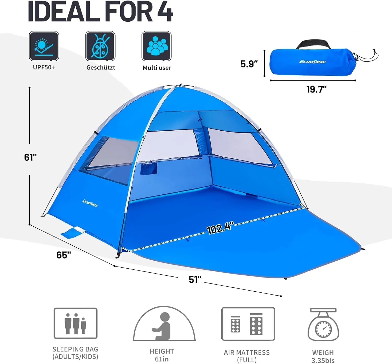 EchoSmile UPF 50  Beach Tent Sun Shelter for 3/4 Person, Portable Beach Cabana Tent