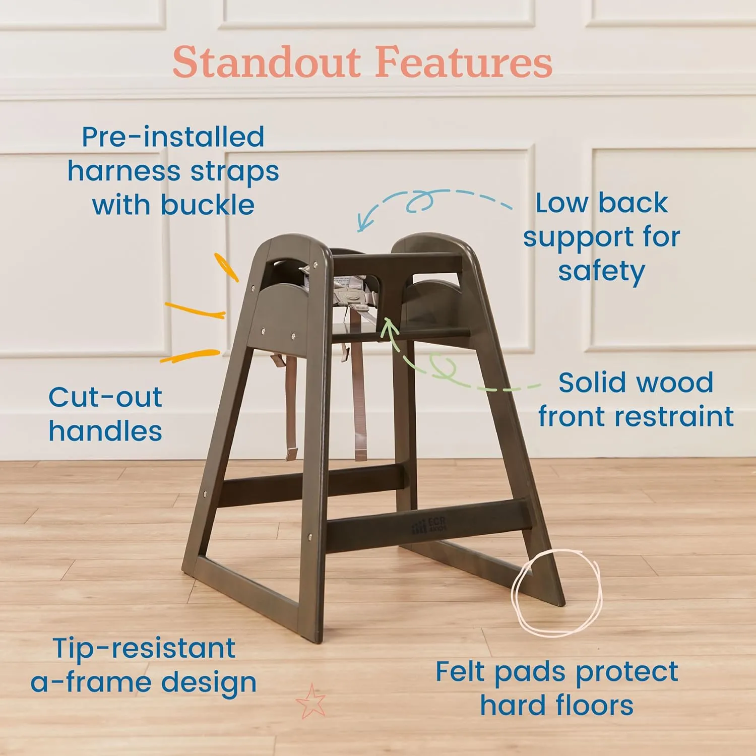ECR4Kids ASATT High Chair, Toddler Chair, Grey Wash