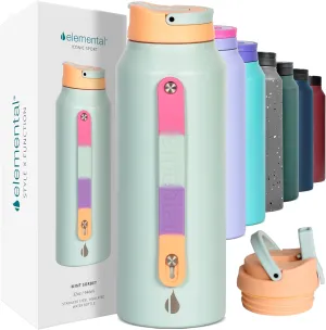 Elemental Iconic Stainless Steel Water Bottle with Straw - 32 oz Leak Proof Triple Wall Insulated Water Bottles for Travel and Sports - Reusable Gym Water Bottle with 2 Straws - Mint Sorbet