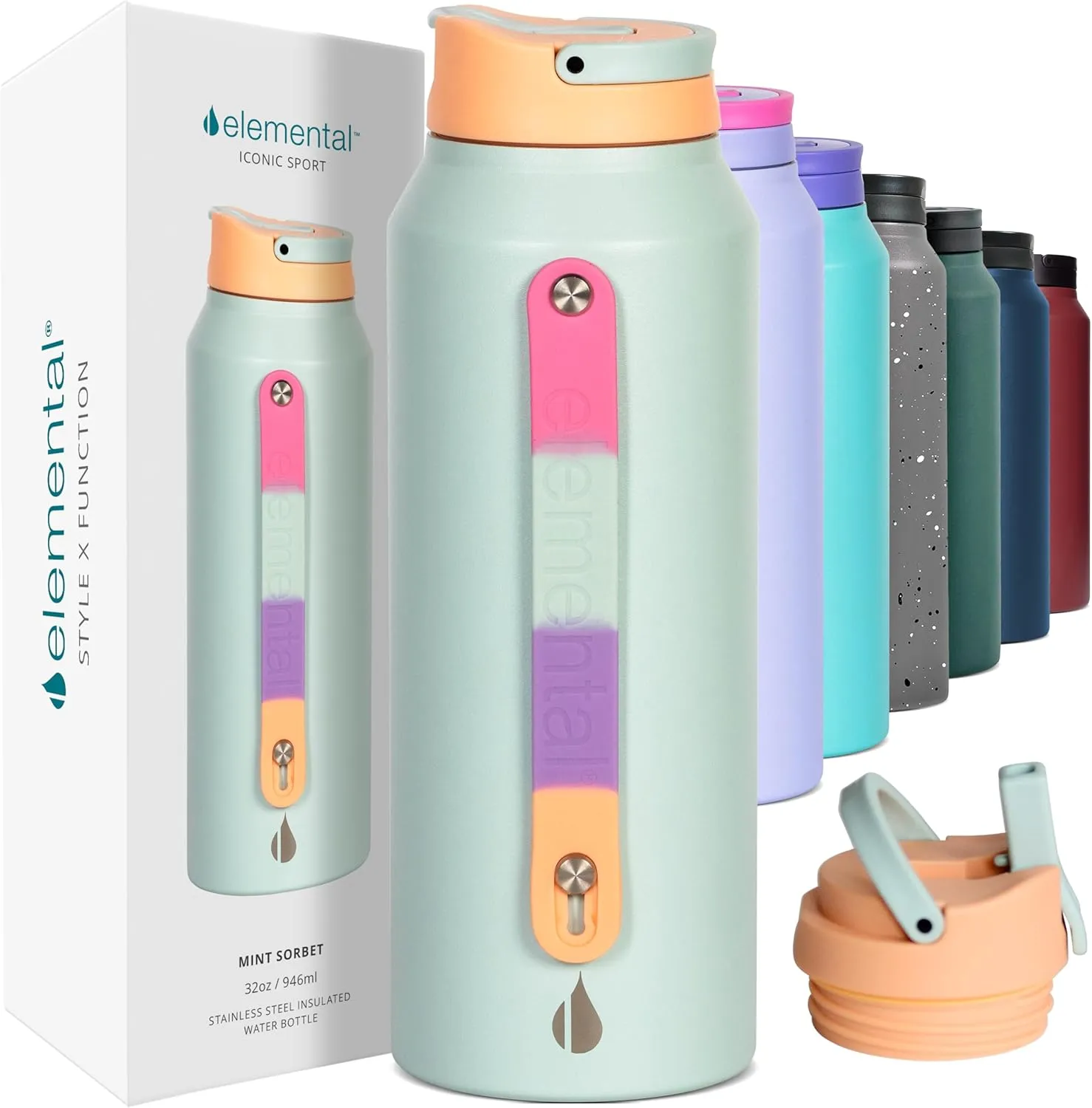 Elemental Iconic Stainless Steel Water Bottle with Straw - 32 oz Leak Proof Triple Wall Insulated Water Bottles for Travel and Sports - Reusable Gym Water Bottle with 2 Straws - Mint Sorbet