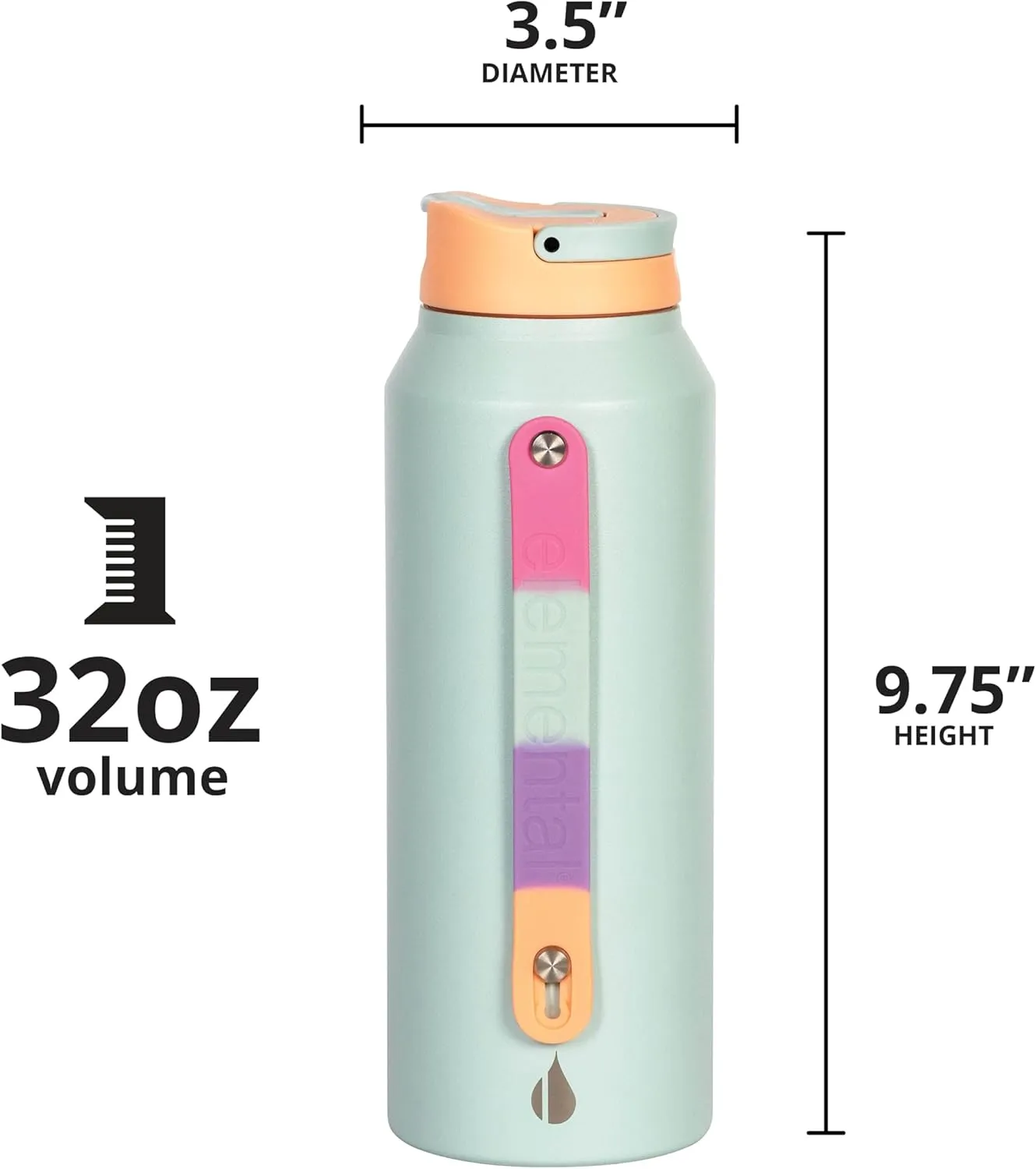 Elemental Iconic Stainless Steel Water Bottle with Straw - 32 oz Leak Proof Triple Wall Insulated Water Bottles for Travel and Sports - Reusable Gym Water Bottle with 2 Straws - Mint Sorbet