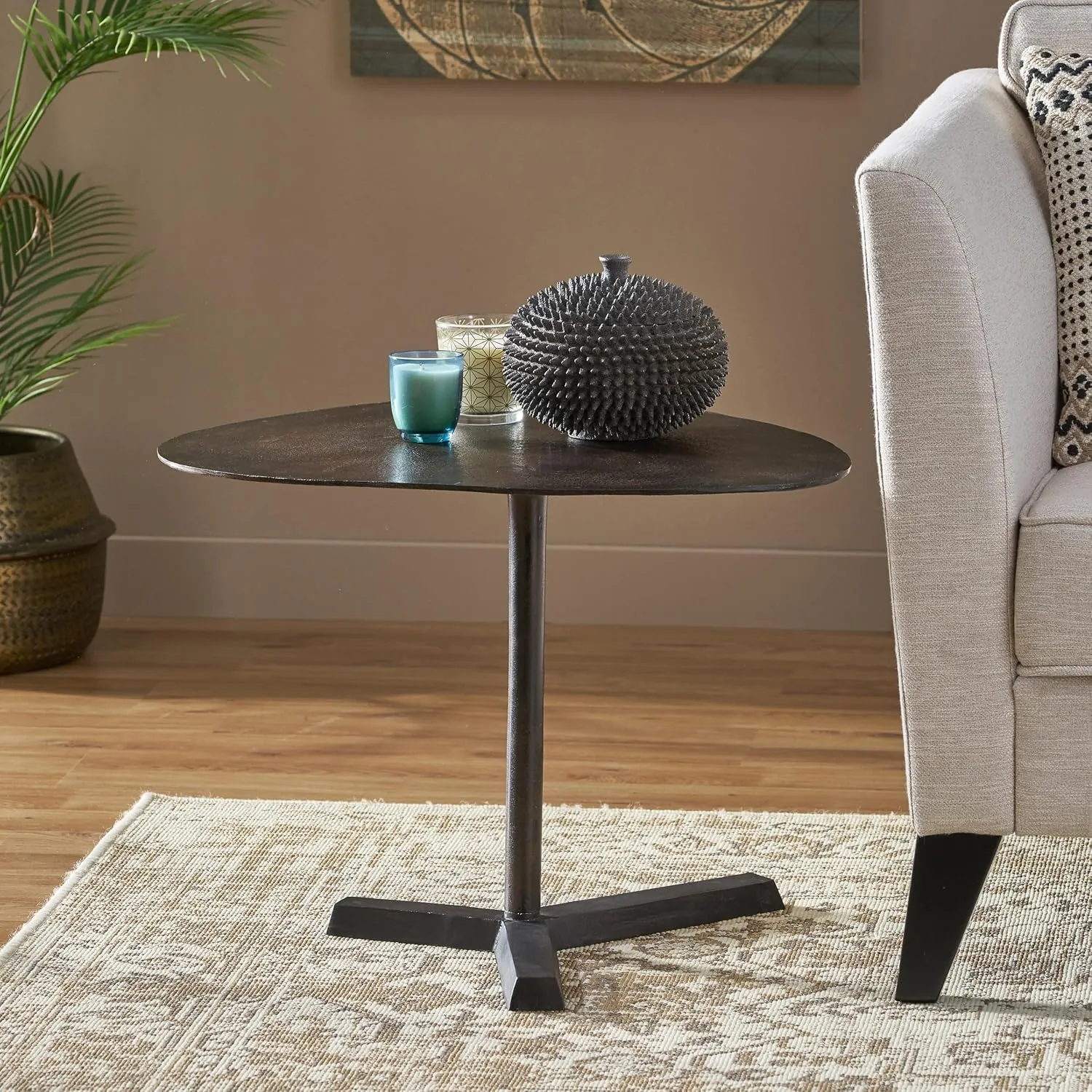 Elliptical Side Table Handcrafted Aluminum Structure, Modern Industrial Design, Raw Bronze Finish, Lightweight and Stable, 27.25" W x 22.00" D x 18.25" H