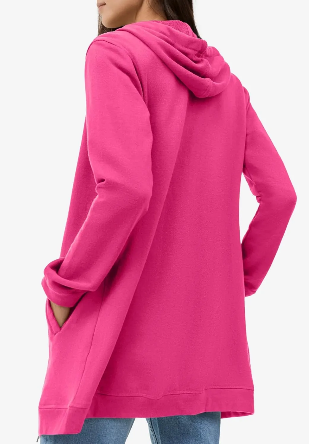 ellos Women's Plus Size Long Zip Front Hoodie French Terry Long Oversized Lightweight Jacket