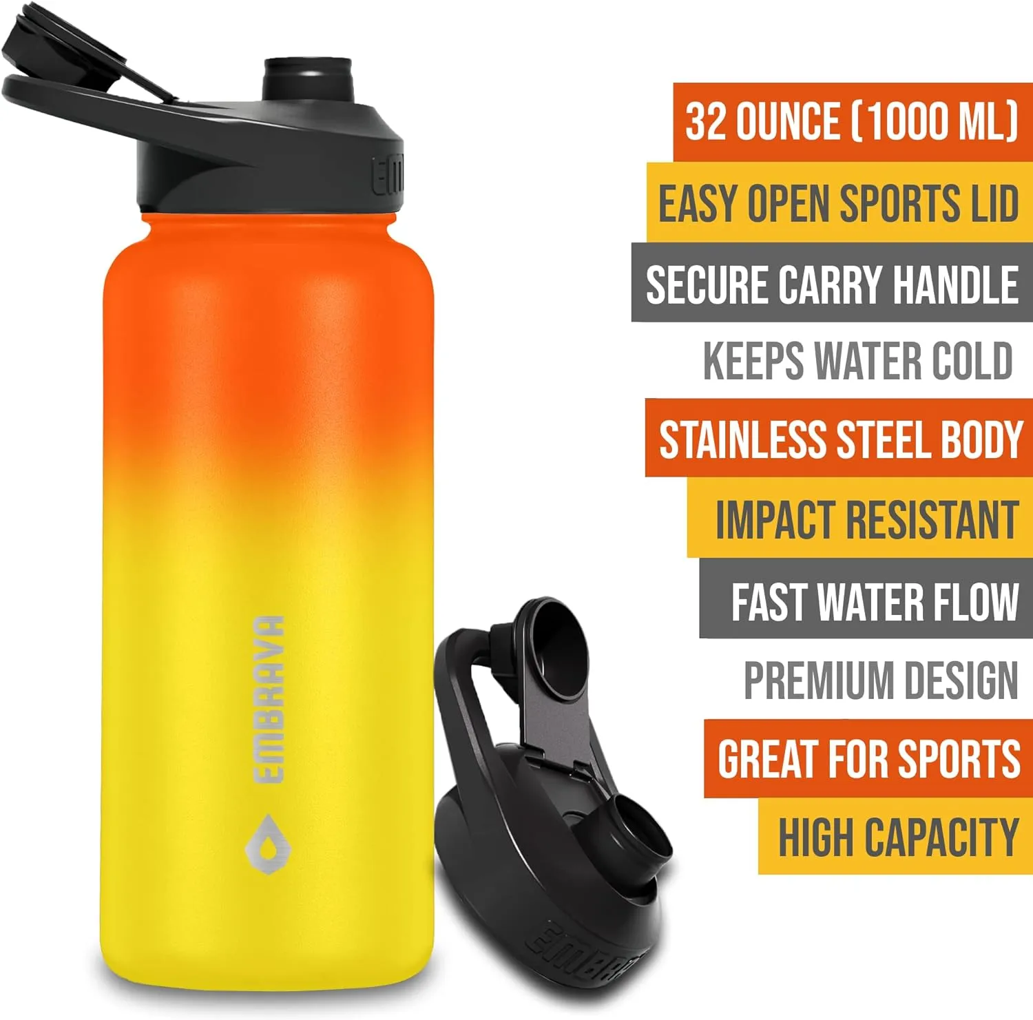 Embrava Insulated Sports Water Bottle - 32oz - Quick Open Lid for Gym, Workouts and Outdoors - Leak Proof - BPA & BPS Free - Double Walled & Stainless Steel