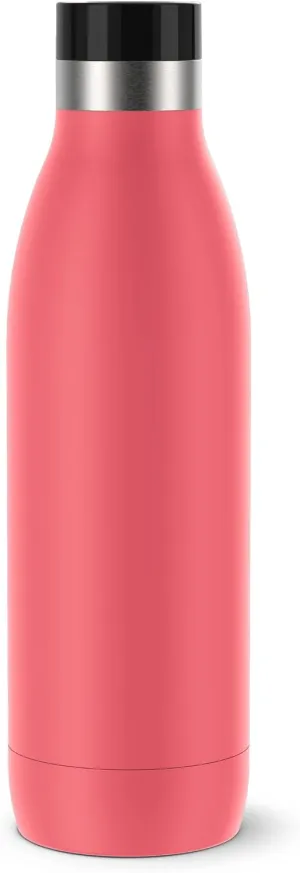 Emsa N31123 Bludrop Colour Water Bottle, 0.7 Litres, 100% Leak-Proof, Quick-Press Closure, Ergonomic 360° Drinking Enjoyment, 12 Hours Warm, 24 Hours Cool, Stainless Steel, Coral, Pink