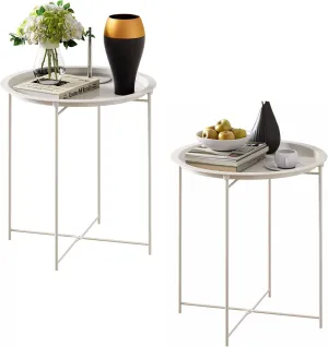 End Table Set of 2, Outdoor Side Table, Small Patio Round Folding Metal Side Tables for Outdoor,Living Room,Bedroom Balcony and Office, 2 PCS