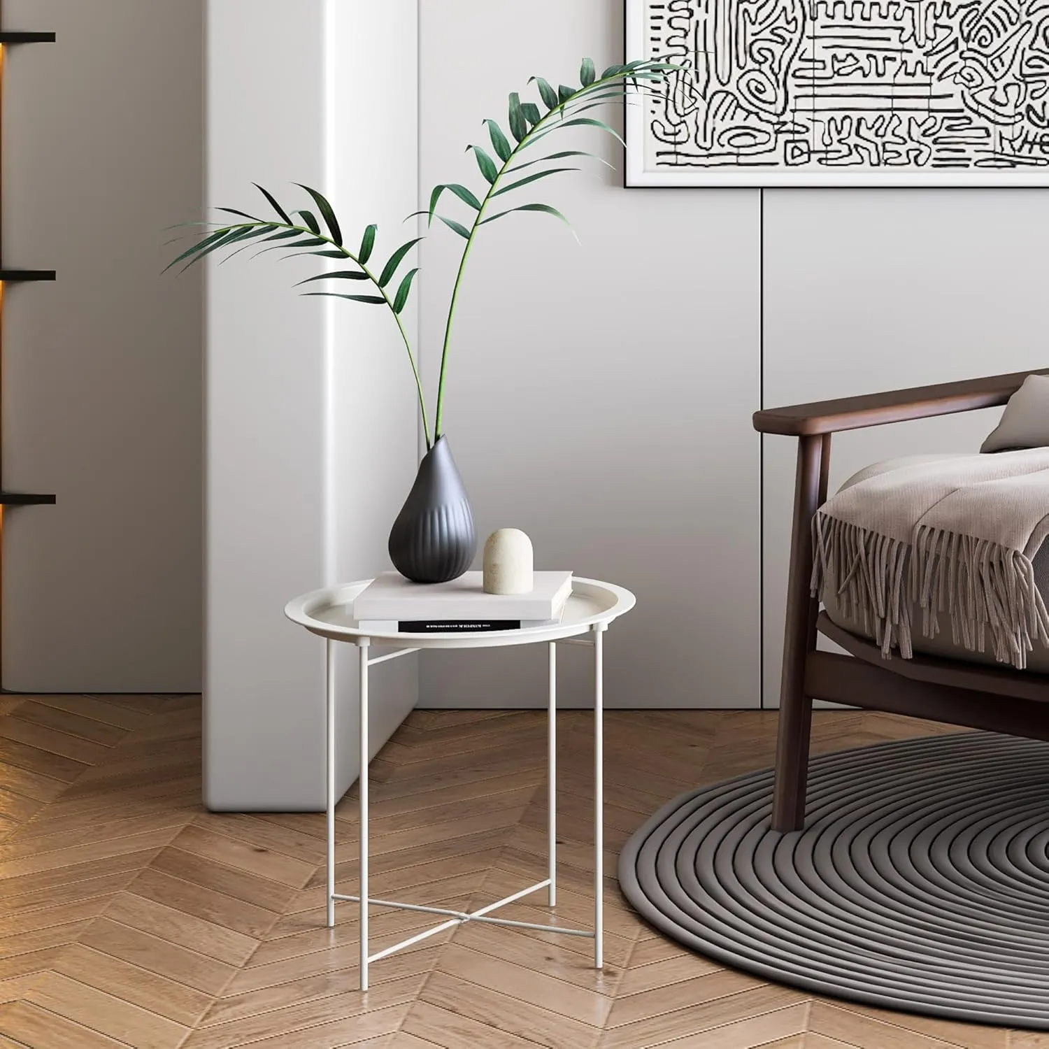 End Table Set of 2, Outdoor Side Table, Small Patio Round Folding Metal Side Tables for Outdoor,Living Room,Bedroom Balcony and Office, 2 PCS
