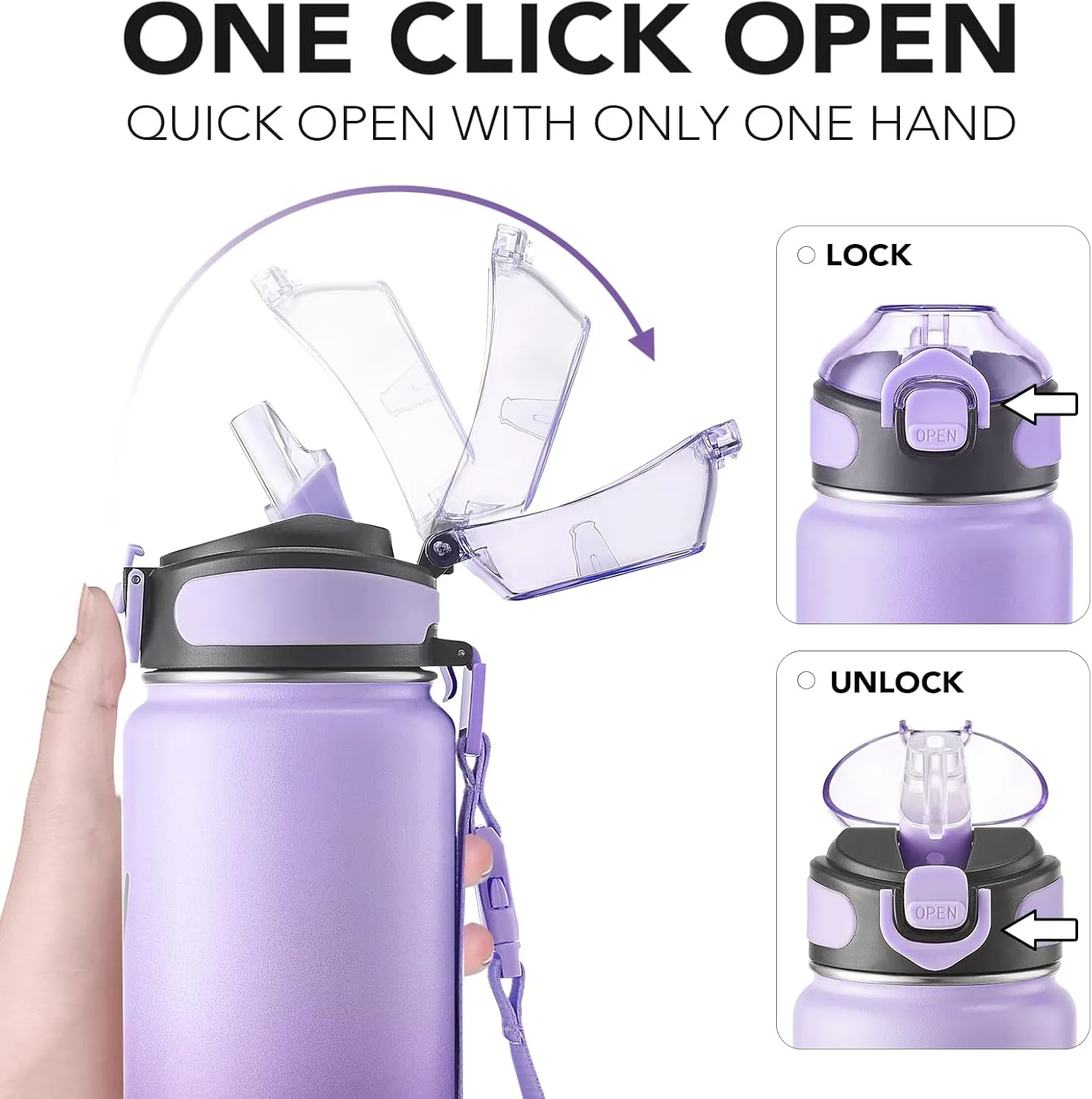 Enerbone Insulated Water Bottle, 32 oz Stainless Steel Water Bottles with Carrying Strap, Double-Wall Vacuum Insulation Thermos, Leakproof Sports Bottle with Straw, Keep Drinks Hot or Cold for Hours