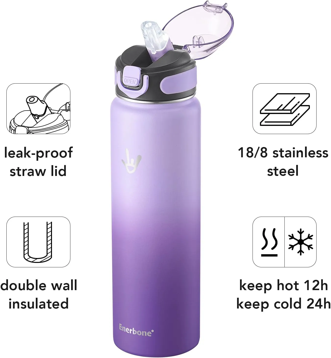 Enerbone Insulated Water Bottle, 32 oz Stainless Steel Water Bottles with Carrying Strap, Double-Wall Vacuum Insulation Thermos, Leakproof Sports Bottle with Straw, Keep Drinks Hot or Cold for Hours