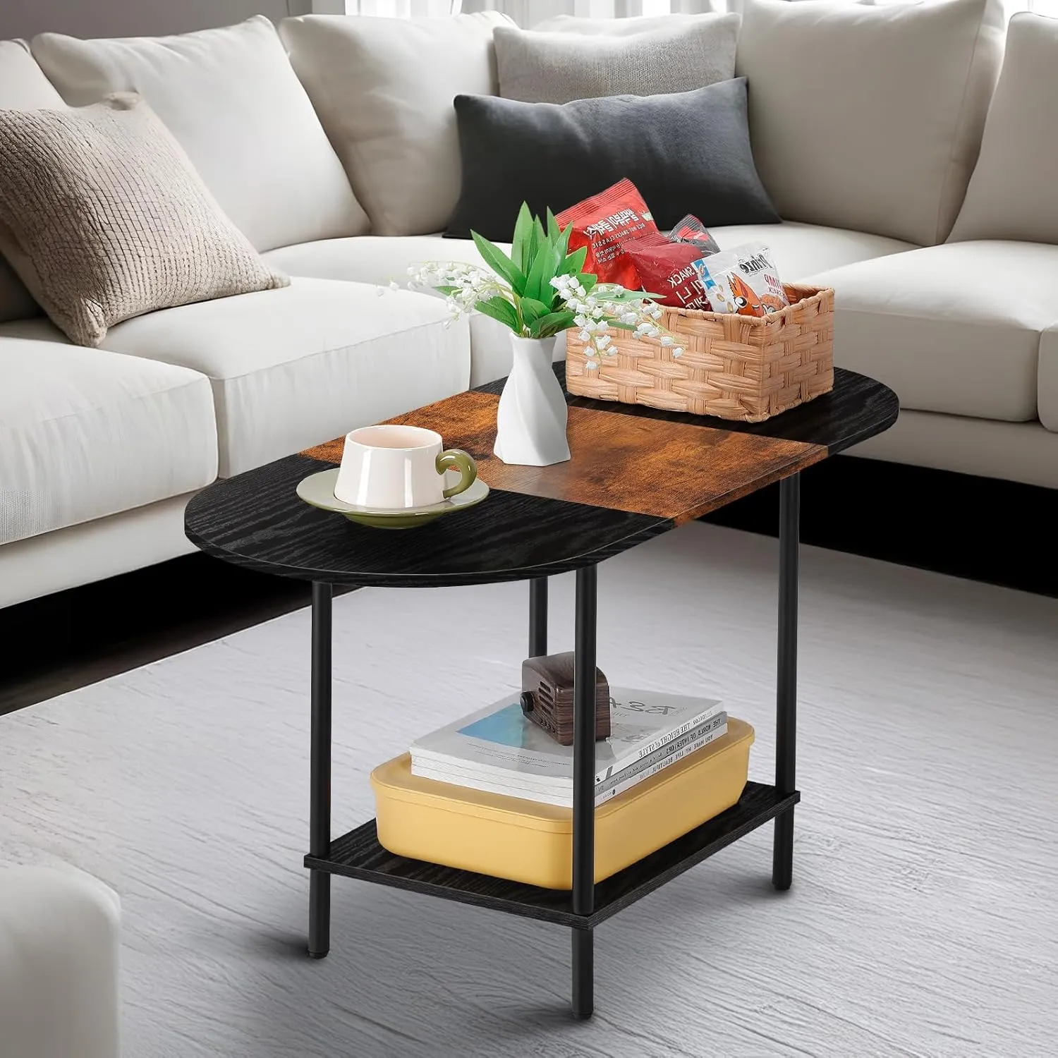 ETELI Small Black Coffee Table Oval Center Table with Storage and Open Shelf Round Coffee Tea Table for Small Space Living Room Home Office, Brown & Black