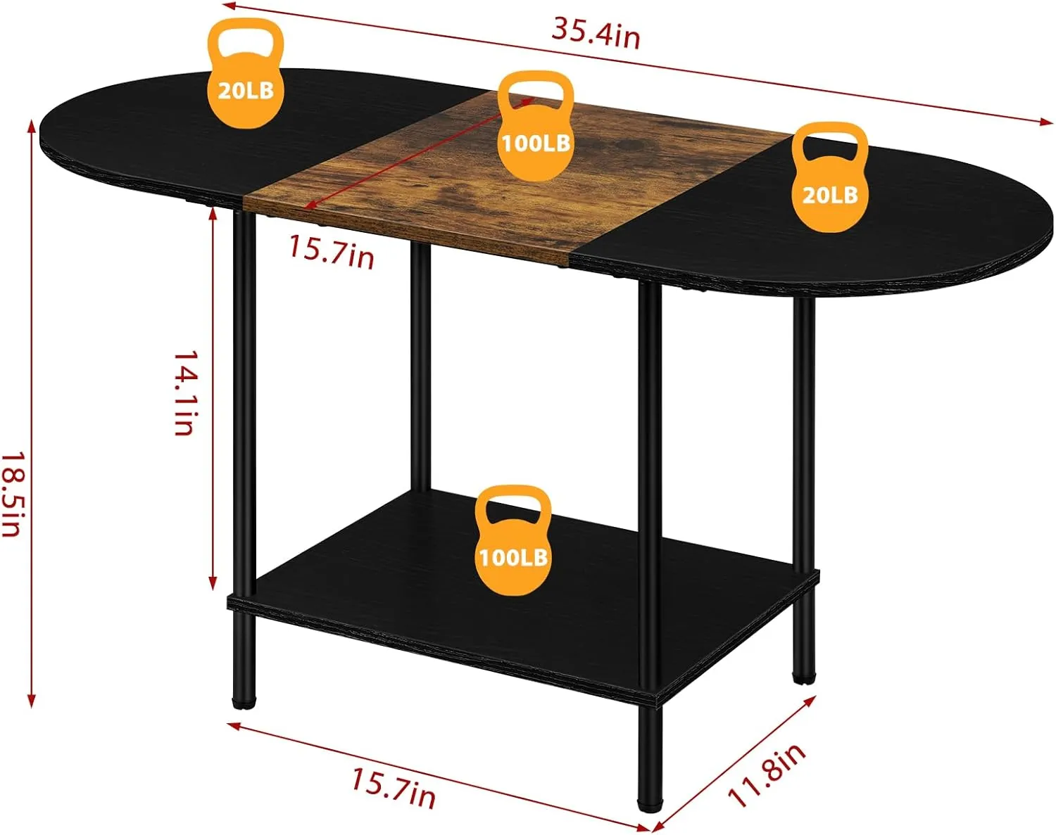 ETELI Small Black Coffee Table Oval Center Table with Storage and Open Shelf Round Coffee Tea Table for Small Space Living Room Home Office, Brown & Black