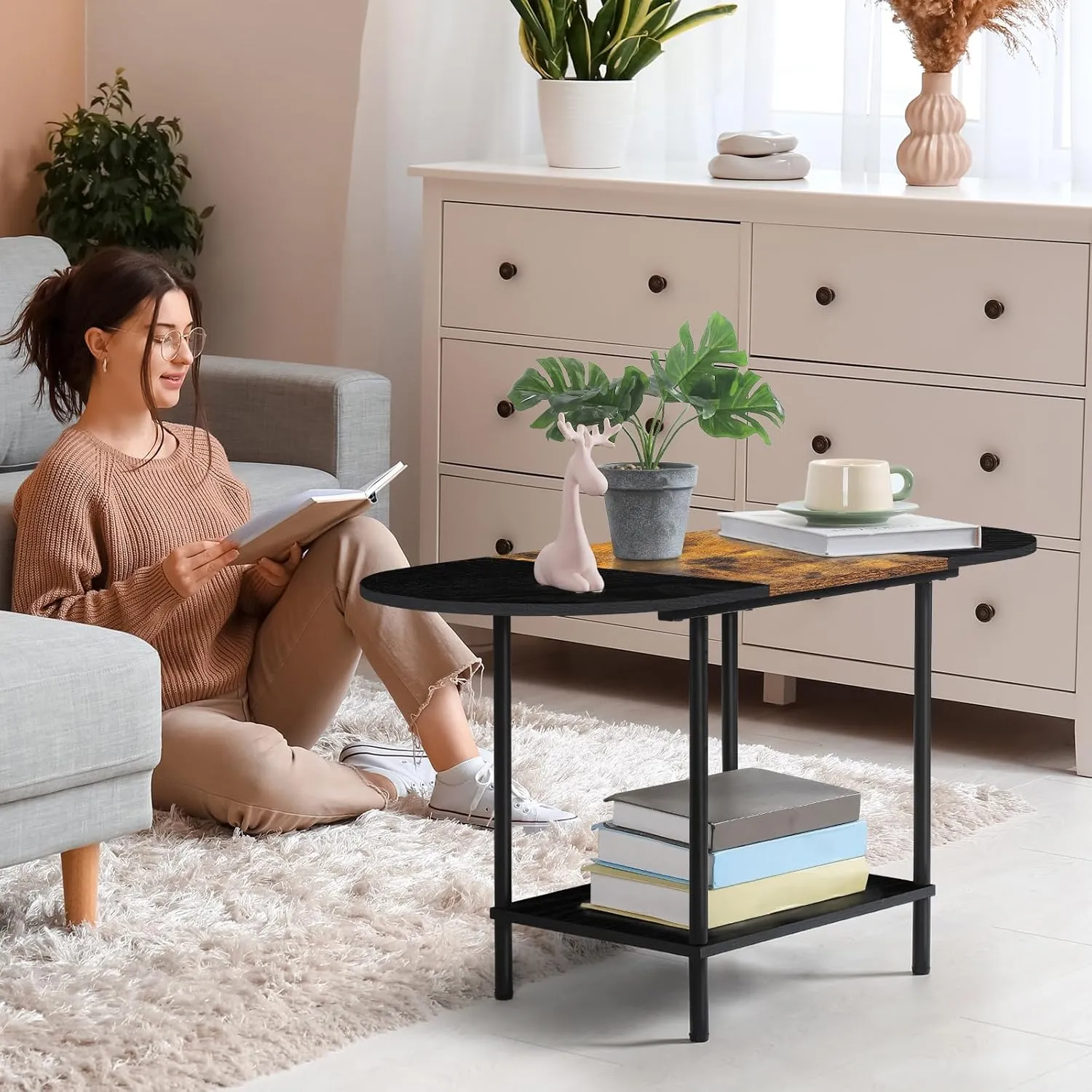 ETELI Small Black Coffee Table Oval Center Table with Storage and Open Shelf Round Coffee Tea Table for Small Space Living Room Home Office, Brown & Black