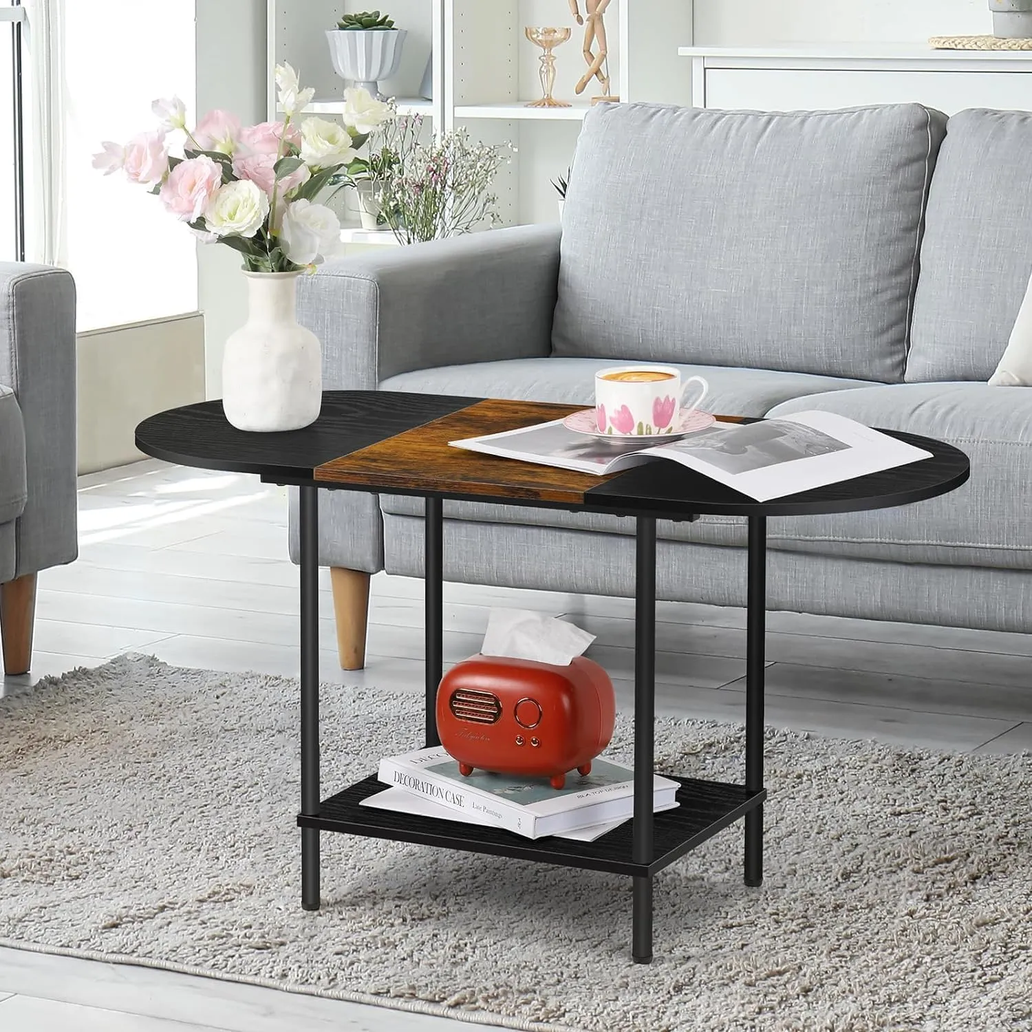 ETELI Small Black Coffee Table Oval Center Table with Storage and Open Shelf Round Coffee Tea Table for Small Space Living Room Home Office, Brown & Black