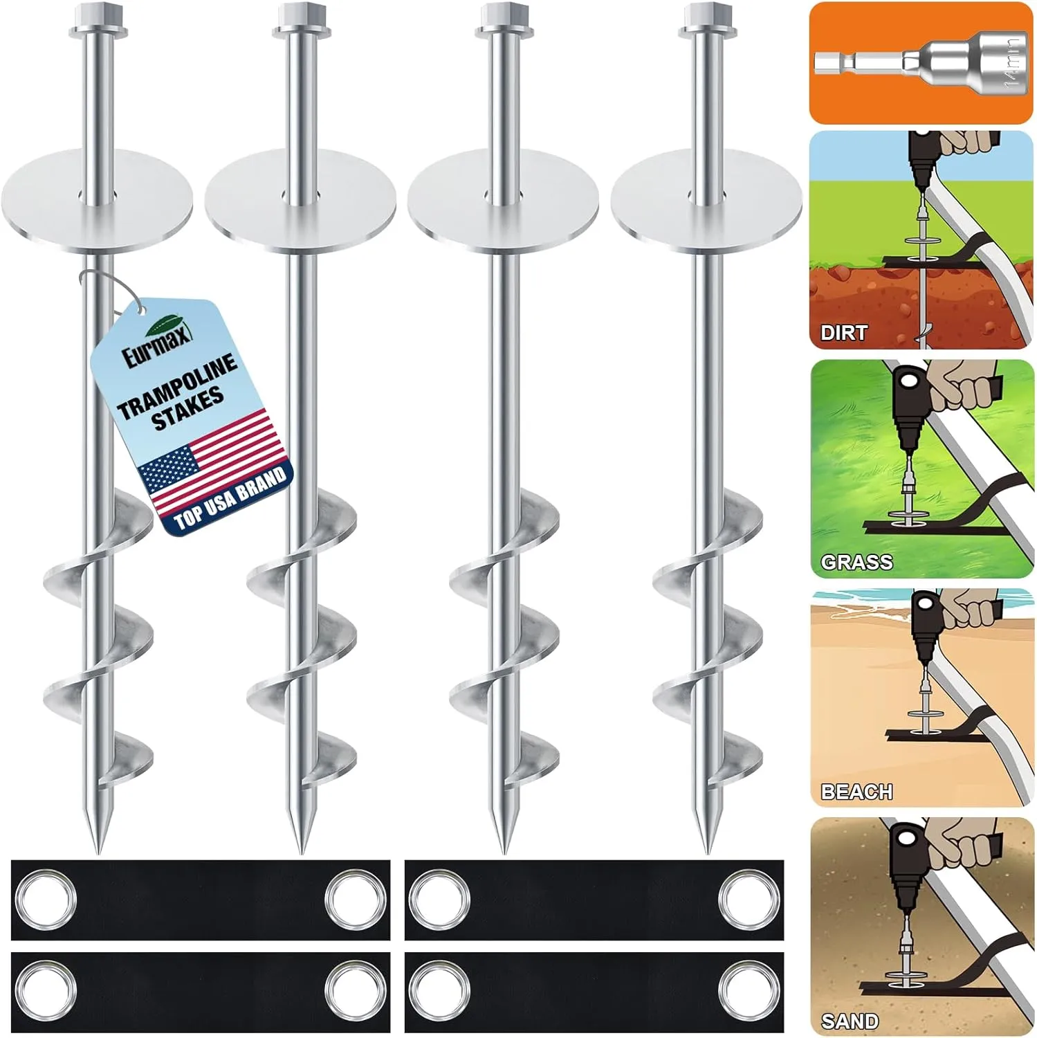 Eurmax USA Ground Anchors Screw in Trampoline Anchors High Wind Tent Stakes Heavy Duty Ground Stakes Trampoline Stakes Anchor Kit Set of 4 Bonus 4 Strong Belt (Silver)