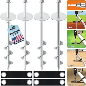 Eurmax USA Ground Anchors Screw in Trampoline Anchors High Wind Tent Stakes Heavy Duty Ground Stakes Trampoline Stakes Anchor Kit Set of 4 Bonus 4 Strong Belt (Silver)