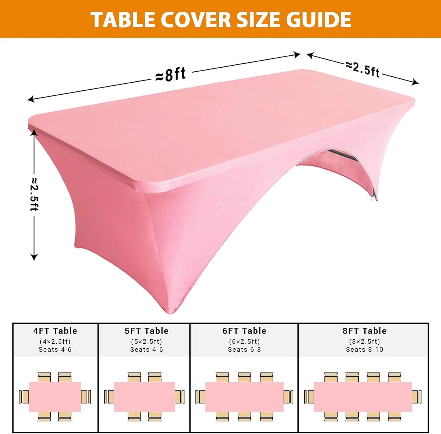 Eurmax USA Spandex Table Cover 8 ft. Fitted 30  Colors Polyester Tablecloth Stretch Spandex Table Cover-Table Toppers,8 FT Table Cover Open Back (Hot Pink,2 Pack)