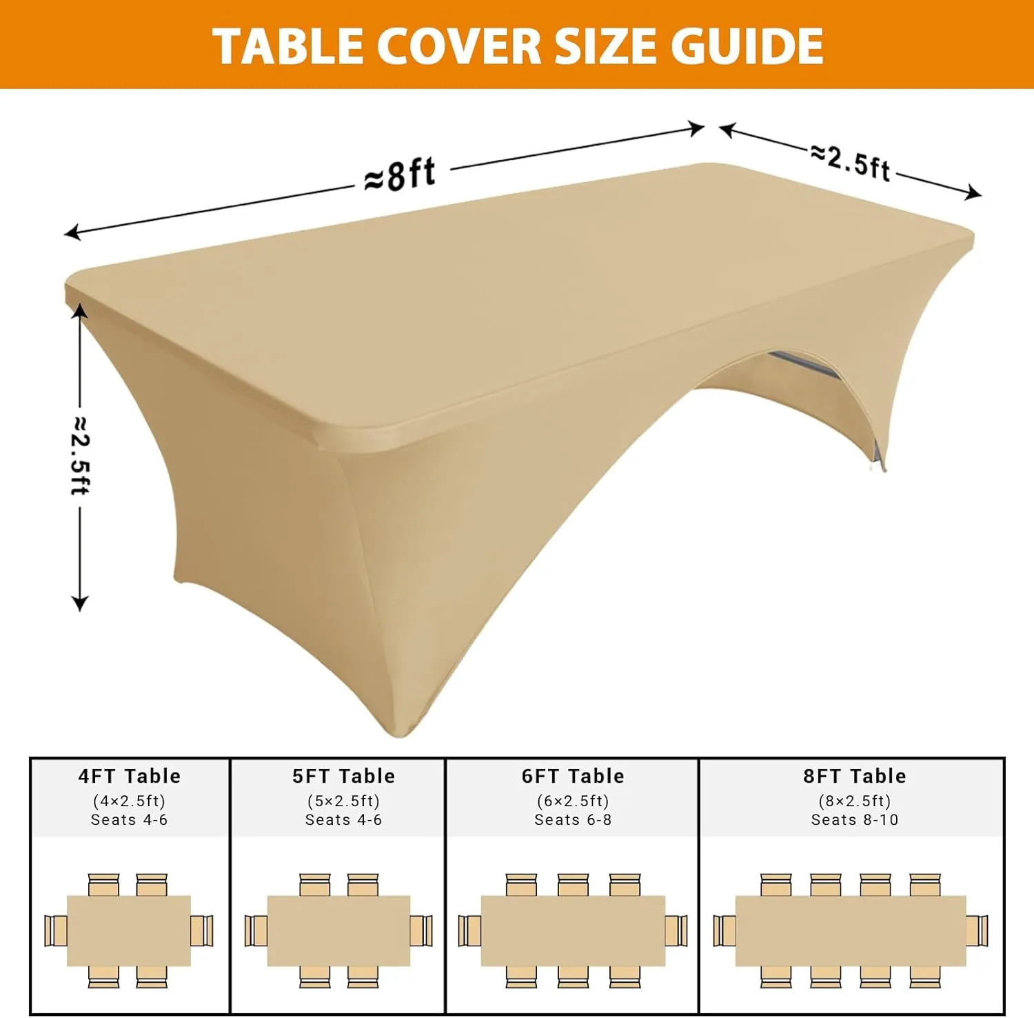 Eurmax USA Spandex Table Cover 8 ft. Fitted 30  Colors Polyester Tablecloth Stretch - Table Toppers, Open Back (Champagne, 2 Pack)