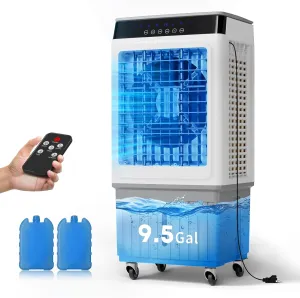 Evaporative Air Cooler 5000CFM with 9.5 Gallon Water Tank Swamp Cooler Portable Cooling Fan, 2 Ice Box, 3 Wind Speeds 120°Oscillation for Outdoor & Indoor Use, Remote Control