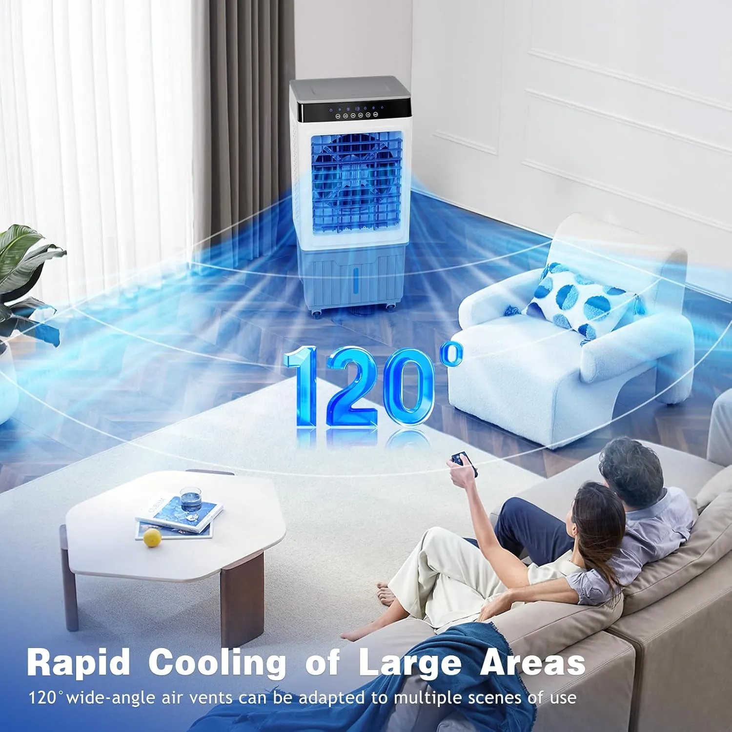 Evaporative Air Cooler 5000CFM with 9.5 Gallon Water Tank Swamp Cooler Portable Cooling Fan, 2 Ice Box, 3 Wind Speeds 120°Oscillation for Outdoor & Indoor Use, Remote Control