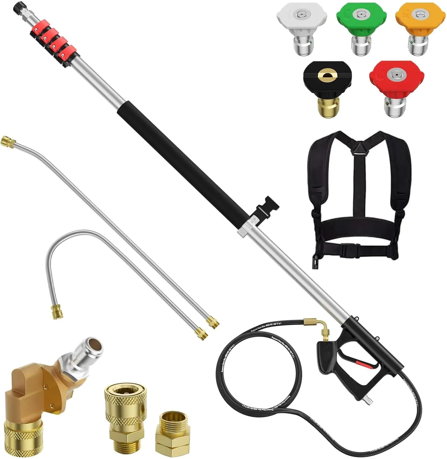 EVEAGE 24 FT Pressure Washer Telescoping Wand, Pressure Washer Extension Wands, Professi Power Washer Gutter Cleaner with 5 Spray Nozzle Tips, 2 Hose Adapters and Support Belt (Silver, 24FT)