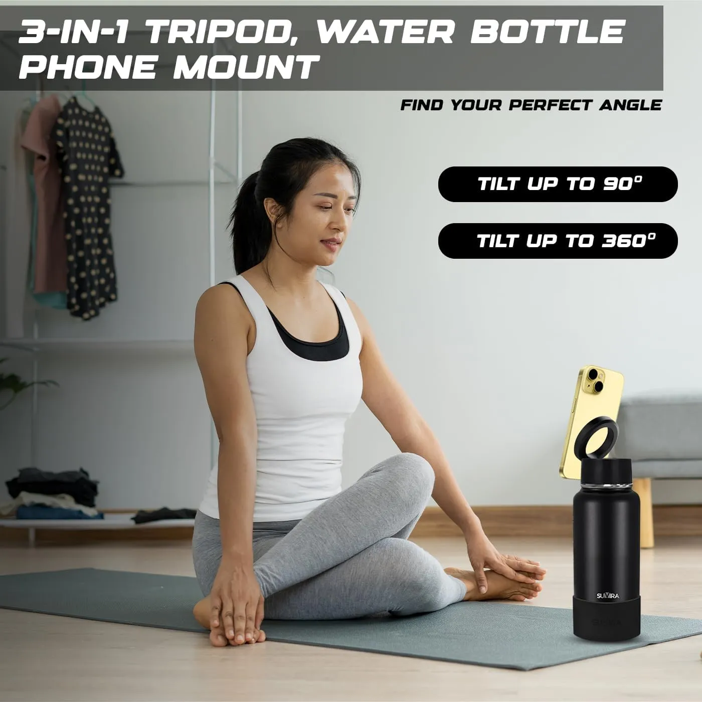 Explore The Ultimate in Hydration:Magnetic lid/Water Bottle with 2Lids Pack/Leak Proof/Double Wall Stainless Steel Insulation withTripod,Phone Holder Sport,Gym and Travel