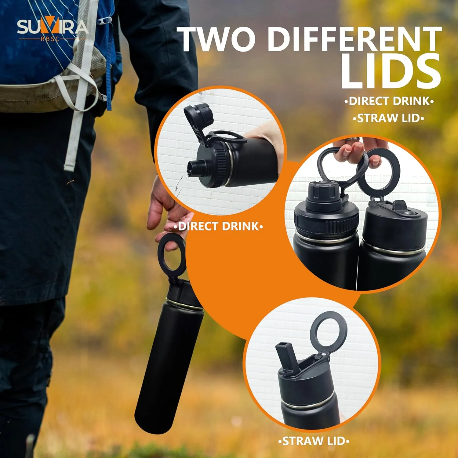 Explore The Ultimate in Hydration:Magnetic lid/Water Bottle with 2Lids Pack/Leak Proof/Double Wall Stainless Steel Insulation withTripod,Phone Holder Sport,Gym and Travel