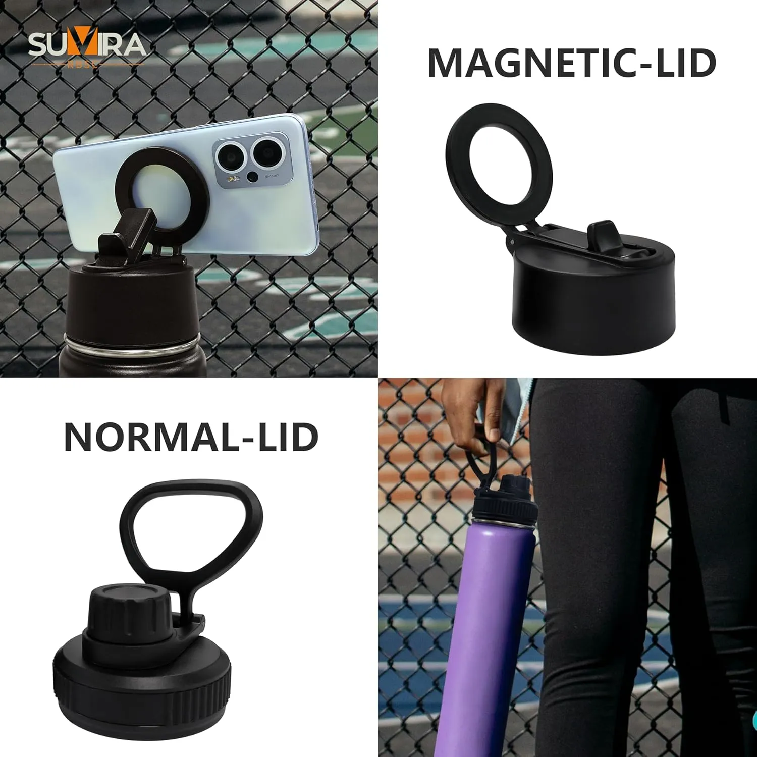Explore The Ultimate in Hydration:Magnetic lid/Water Bottle with 2Lids Pack/Leak Proof/Double Wall Stainless Steel Insulation withTripod,Phone Holder Sport,Gym and Travel