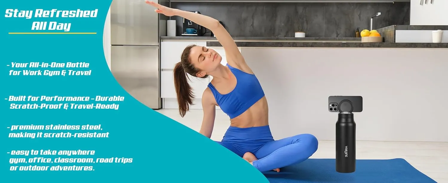 Explore The Ultimate in Hydration:Magnetic lid/Water Bottle with 2Lids Pack/Leak Proof/Double Wall Stainless Steel Insulation withTripod,Phone Holder Sport,Gym and Travel