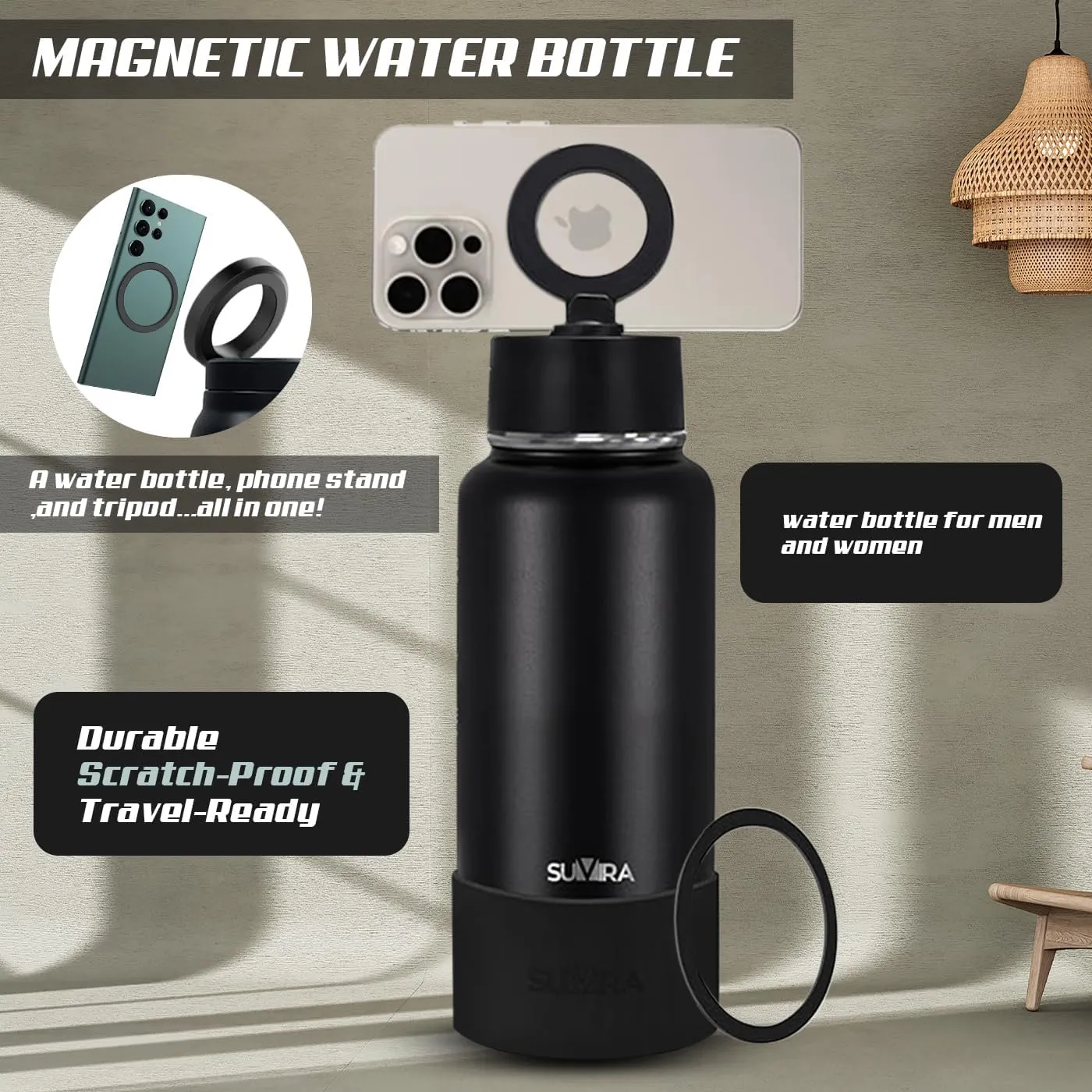 Explore The Ultimate in Hydration:Magnetic lid/Water Bottle with 2Lids Pack/Leak Proof/Double Wall Stainless Steel Insulation withTripod,Phone Holder Sport,Gym and Travel