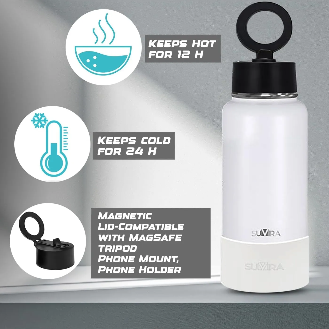 Explore The Ultimate in Hydration:Magnetic lid/Water Bottle with 2Lids Pack/Leak Proof/Double Wall Stainless Steel Insulation withTripod,Phone Holder Sport,Gym and Travel