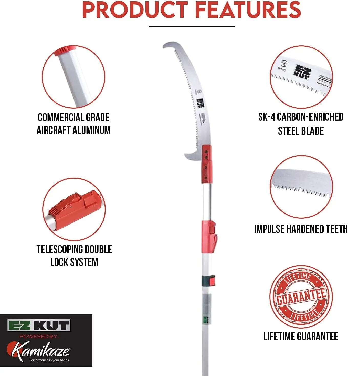 EZ Kut Kamikaze 15′ Extendable Tree Trimmer Pole Saw - Branch Cutter with Single Hook Pole Saw Blade for Branch Removal - Best Pole Saws for Tree Trimming. Tree pruner pole saw since 1988