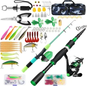 Family Fishing Pole Combo, 2PCS Portable Parent-Child Travel Fishing Kit, 6.89FT 4.92FT Telescopic Fishing Rod Spinning Reel Spincast Reel Baits Pliers Fish Lip Gripper Gift for Adults Kids Youth