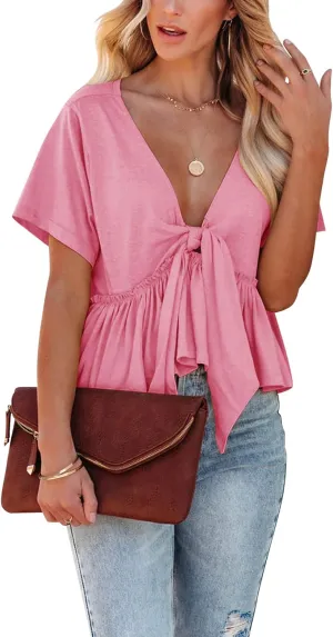 Fanway&EC Women's Short Sleeve V Neck Blouses Ruffle Hem Tie Front Crop Tops Lightweight Basic Summer Tops