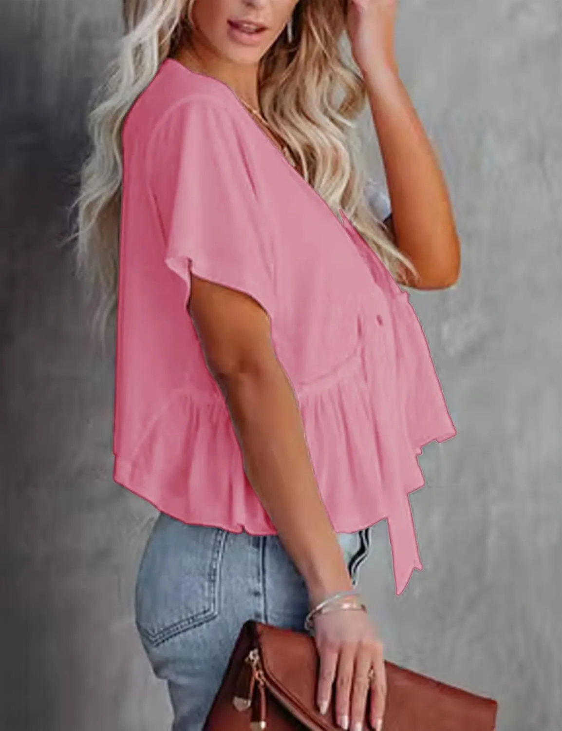 Fanway&EC Women's Short Sleeve V Neck Blouses Ruffle Hem Tie Front Crop Tops Lightweight Basic Summer Tops