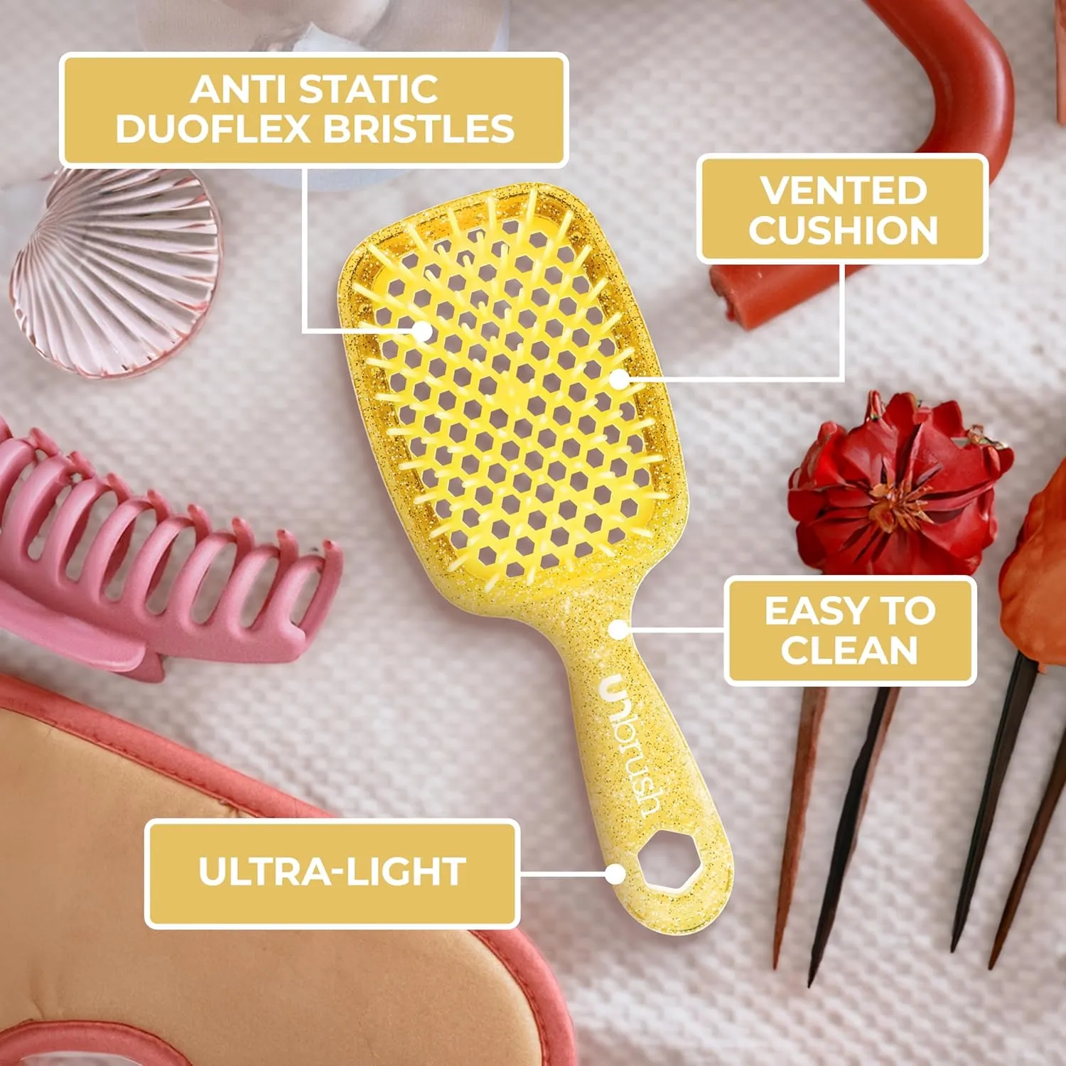 FHI Heat UNbrush Detangling Brush for Pain-Free Brushing on All Wet or Dry Hair Types — Durable DuoFlex Anti-Static Bristles, Lightweight Handle, Vented Hair Brush