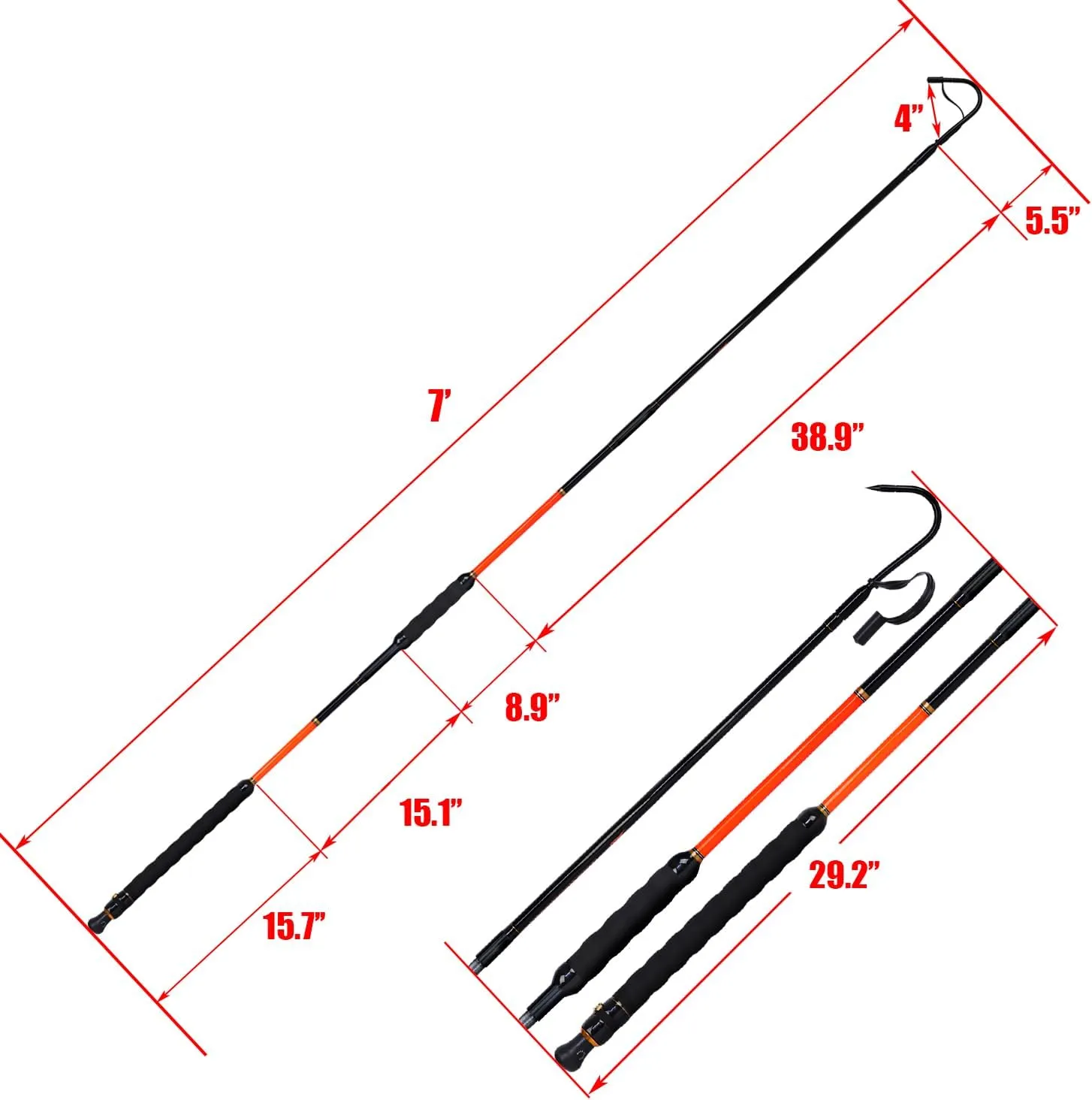 Fiblink Fishing Gaff with Stainless Steel Hook Fiberglass Pole Non-Slip Grip Handle Hook Gaff (3’& 5’& 6’& 7', 66 lb Test)