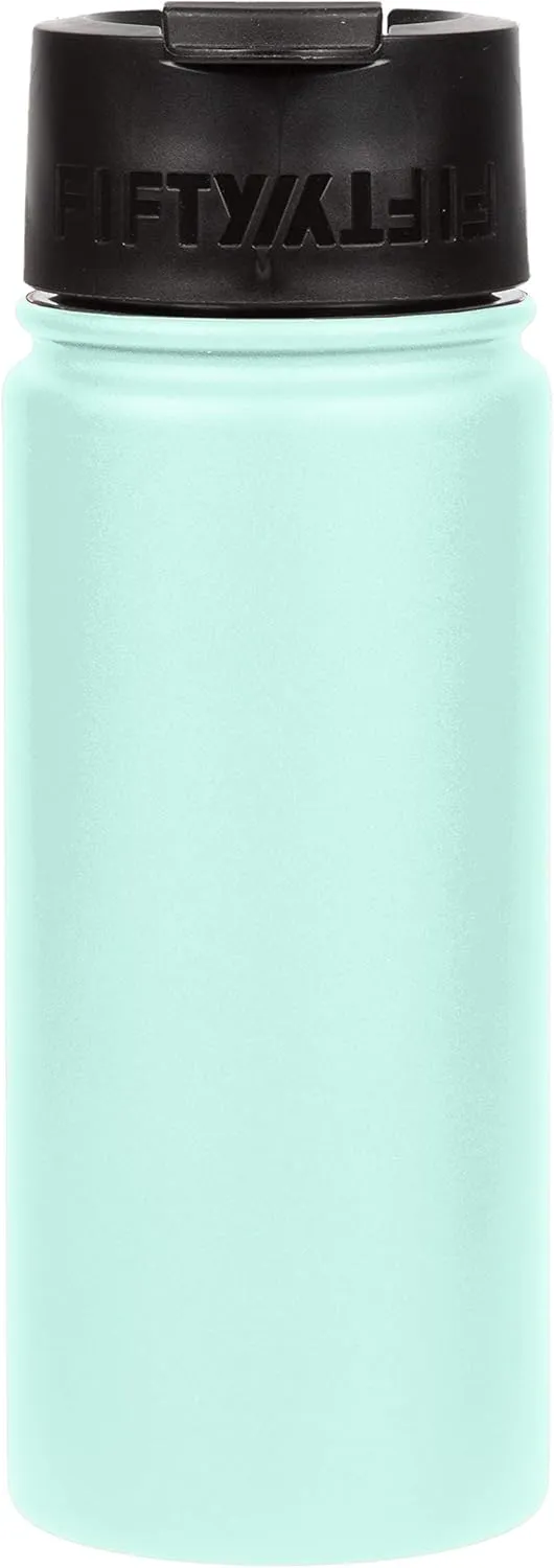 FIFTY/FIFTY 16oz, Double Wall Vacuum Insulated Café Water Bottle, Stainless Steel, Flip Cap w/ Wide Mouth, Cool Mint, 16oz/473ml