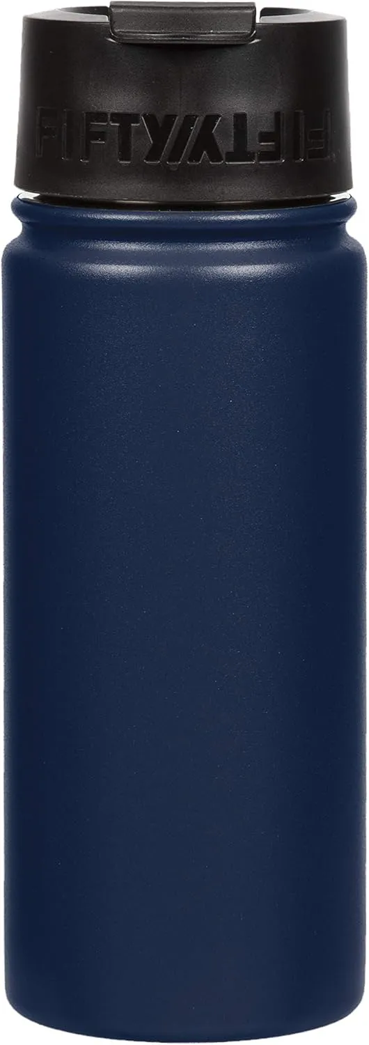 FIFTY/FIFTY 16oz, Double Wall Vacuum Insulated Café Water Bottle, Stainless Steel, Flip Cap w/ Wide Mouth, Navy, 16oz/473ml