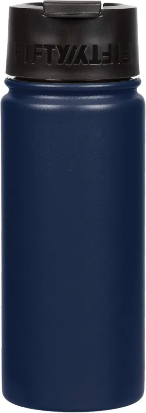FIFTY/FIFTY 16oz, Double Wall Vacuum Insulated Café Water Bottle, Stainless Steel, Flip Cap w/ Wide Mouth, Navy, 16oz/473ml