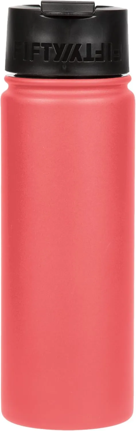 FIFTY/FIFTY 20oz, Double Wall Vacuum Insulated Café Water Bottle, Stainless Steel, Flip Cap w/ Wide Mouth, Coral, 20oz/591ml