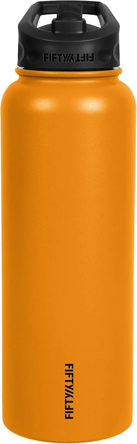 Fifty/Fifty 40oz, Double Wall Vacuum Insulated Sport Water Bottle, Stainless Steel, Straw Cap w/Wide Mouth, Solar Orange, 40oz/1.1L