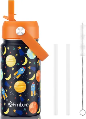 Fimibuke Kids Insulated Water Bottle, 14oz BPA FREE 18/8 Stainless Steel Travel Tumbler Double Wall Vacuum Leak Proof Kids Cup with Straw Metal Water Bottle for School Boys Girls(1 Pack, Space)