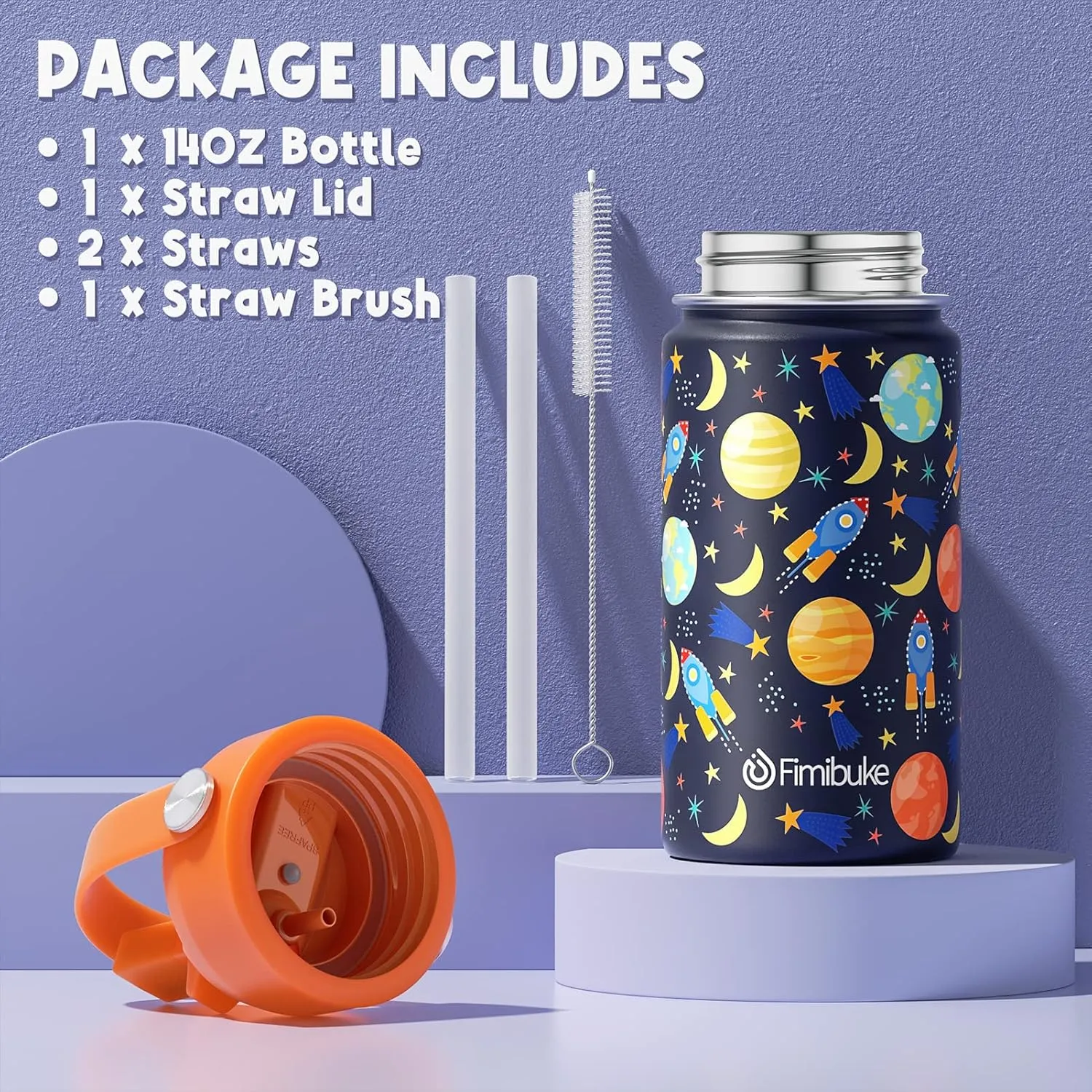 Fimibuke Kids Insulated Water Bottle, 14oz BPA FREE 18/8 Stainless Steel Travel Tumbler Double Wall Vacuum Leak Proof Kids Cup with Straw Metal Water Bottle for School Boys Girls(1 Pack, Space)
