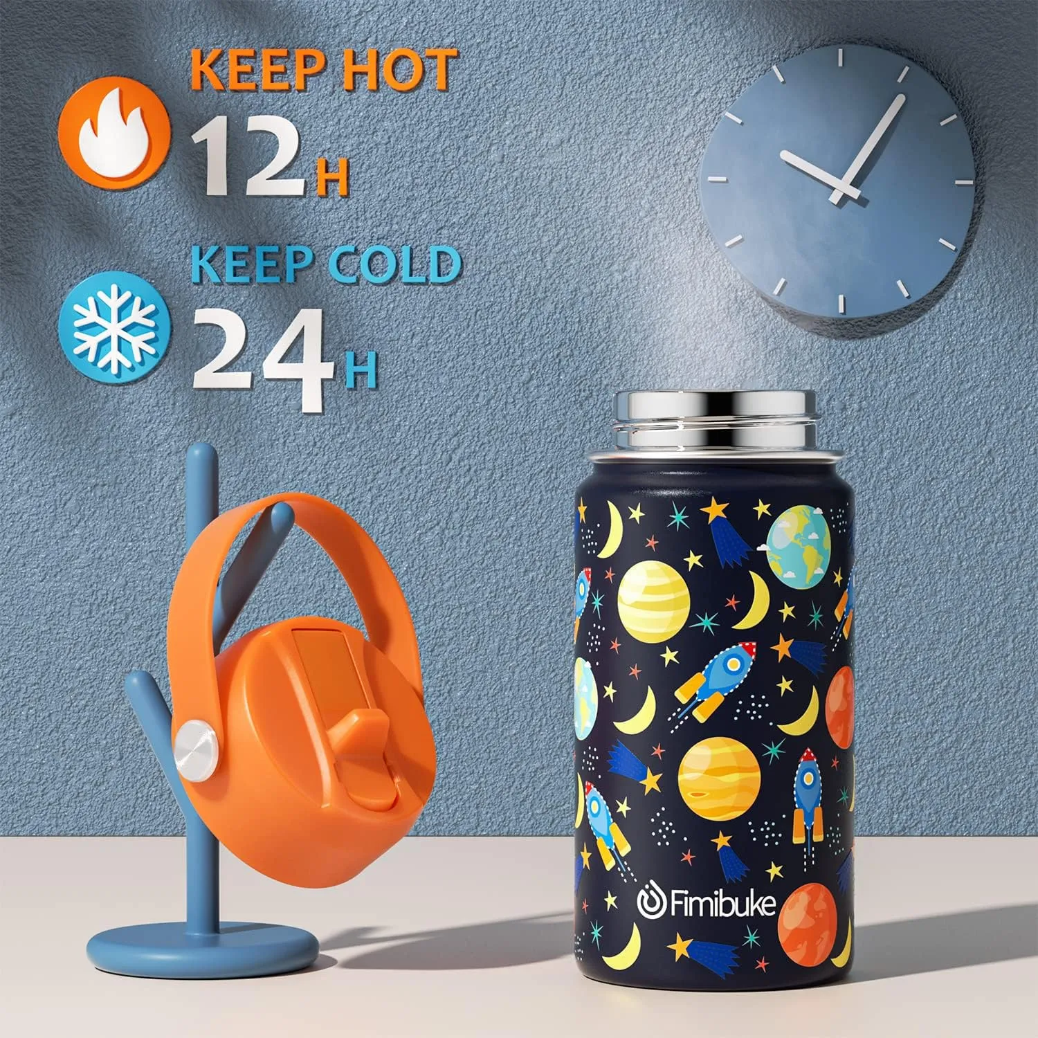Fimibuke Kids Insulated Water Bottle, 14oz BPA FREE 18/8 Stainless Steel Travel Tumbler Double Wall Vacuum Leak Proof Kids Cup with Straw Metal Water Bottle for School Boys Girls(1 Pack, Space)
