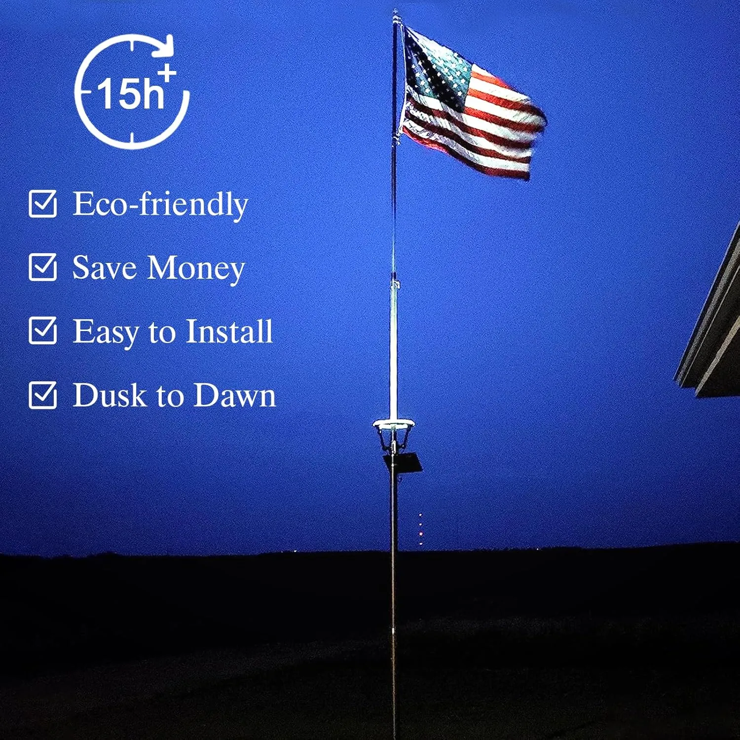 Flagpole Light Solar Powered, 32 Super-Bright LEDs Light 6400LM Large High-efficient Solar Panel with Adjustable Metal Clamps Fits 2-6'' Flag Poles, for 15 to 25 Ft In-Ground Telescoping Flag Poles