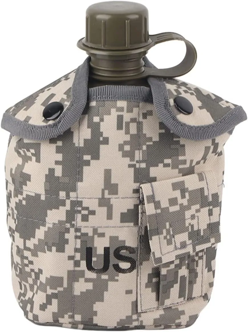 flexman Portable Lightweight Military Canteen, 1L Camouflage Kettle Water Bottle with Aluminum Lunch Box Set for Camping Hiking Climbing Fishing Travel
