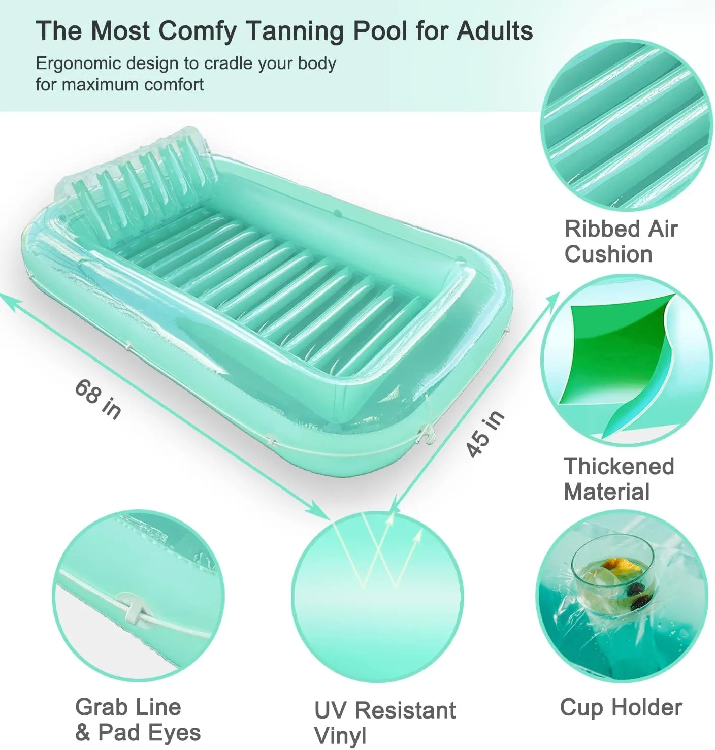 Float Joy Tanning Pool Floats Adult Inflatable Tanning Bed for Backyard Lake Floats Tanning Pool Lounger Sunbathing Pool