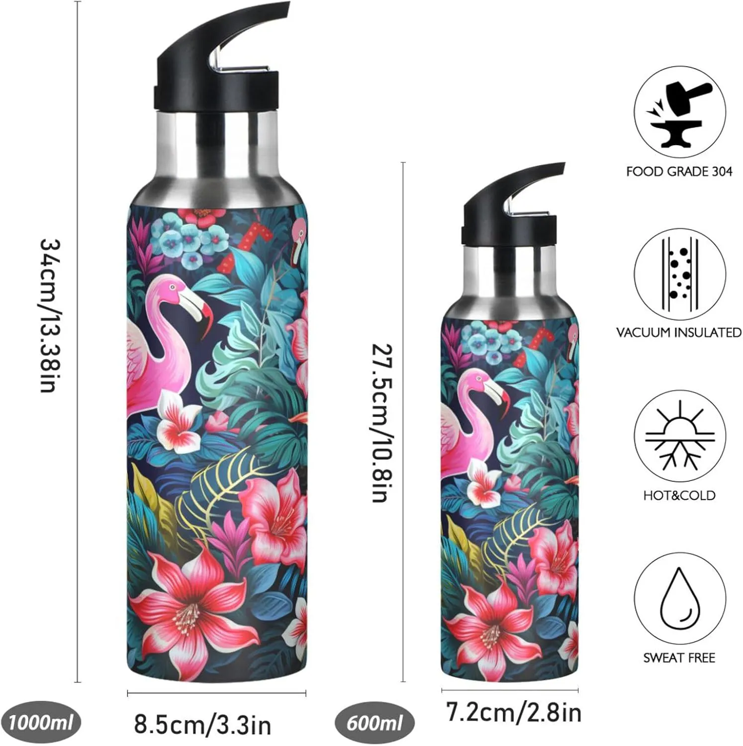 Floral Artwork Flamingo Sport Water Bottle Insulated Stainless Steel Large Vacuum Flask Leak Proof Thermos with Straw for Travel(600ml/1000ml)